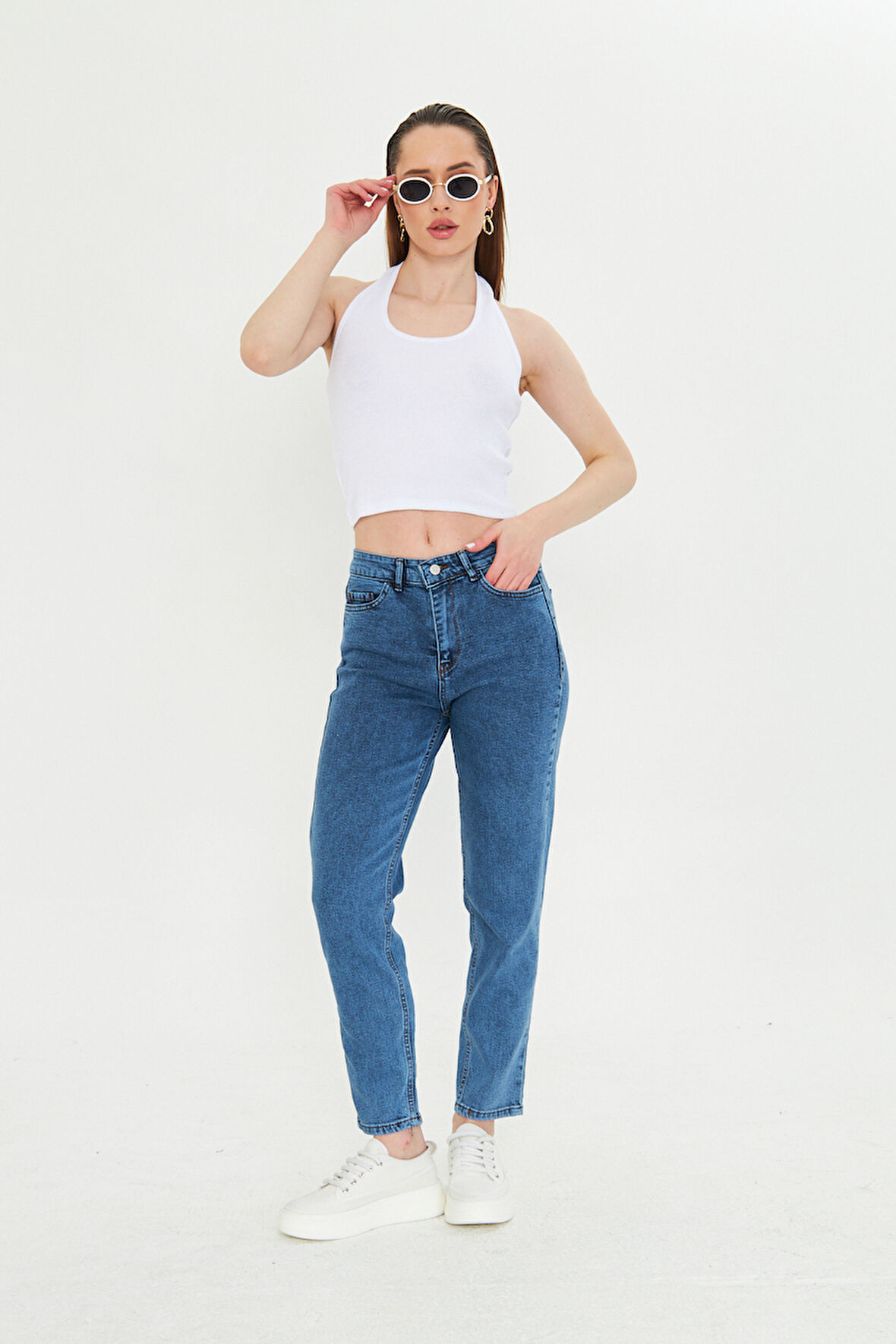 Koyu Mavi Slım Fit Mom Jean