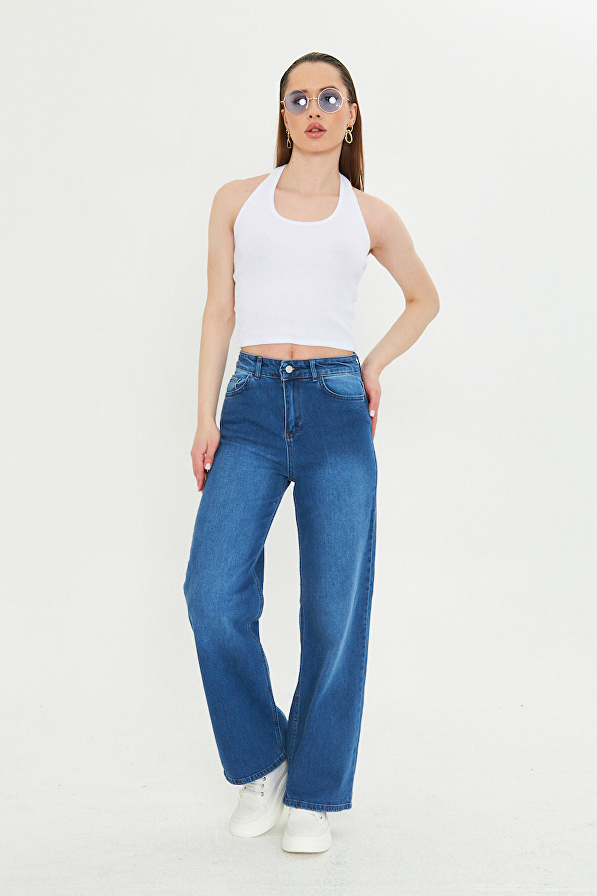 Koyu Mavi Yıkamalı Yüksek Bel straight Fit Jean Mavi