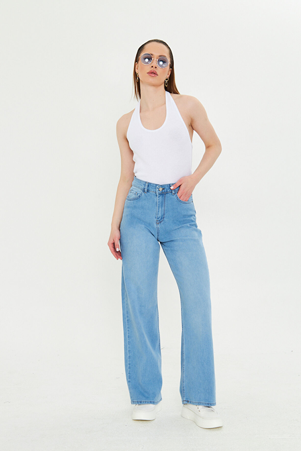 Buz Mavi Beş Cepli Palazzo Denim Pantolon