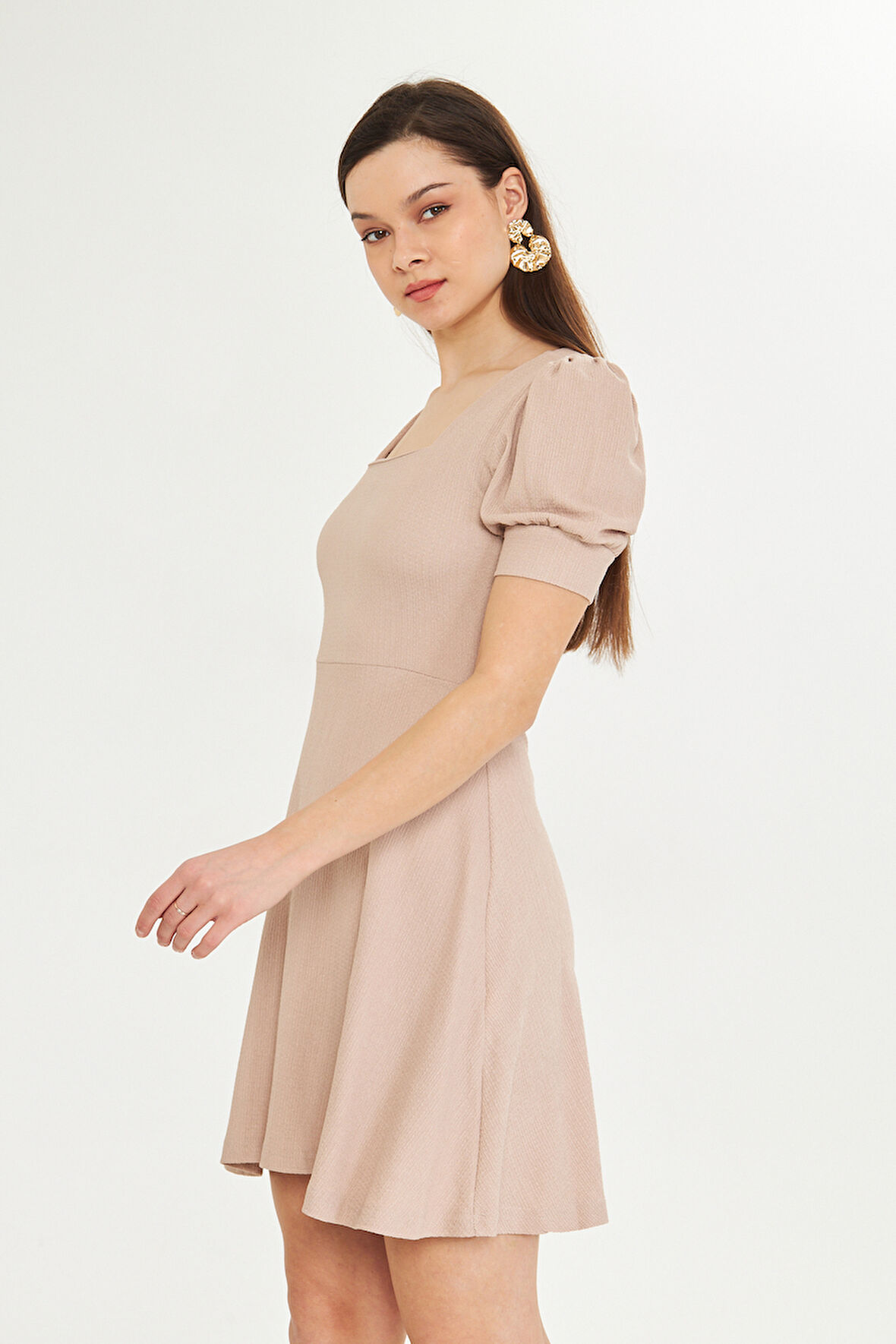 Vizon Kare Yaka Balon Kollu Gunluk Elbise