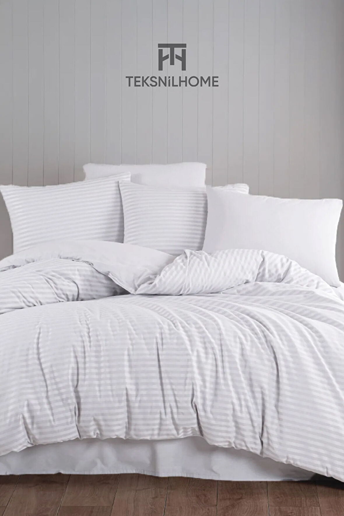 %100 Pamuklu Beyaz Natural Stripe Nevresim Takımı 3 Parça (ÇİFT KİŞİLİK)