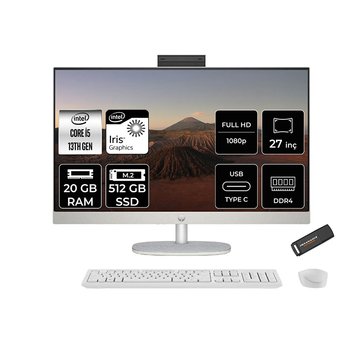 HP 27-CR0009NT i5 1335U 20GB 512GB SSD Intel Graphics 27" FHD IPS FDOS All In One PC Beyaz & PER4