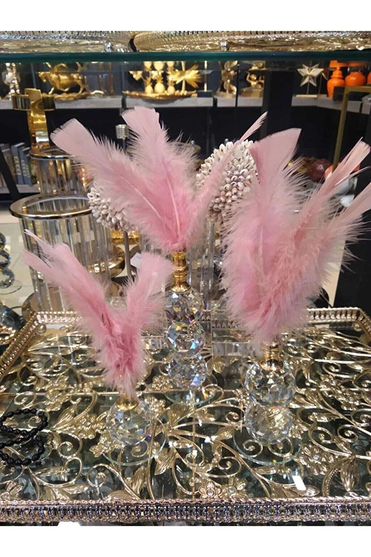 Dekoratif Tüy, Pembe - Gümüş Kristal Cam Tüylük, 3'lü Biblo Set