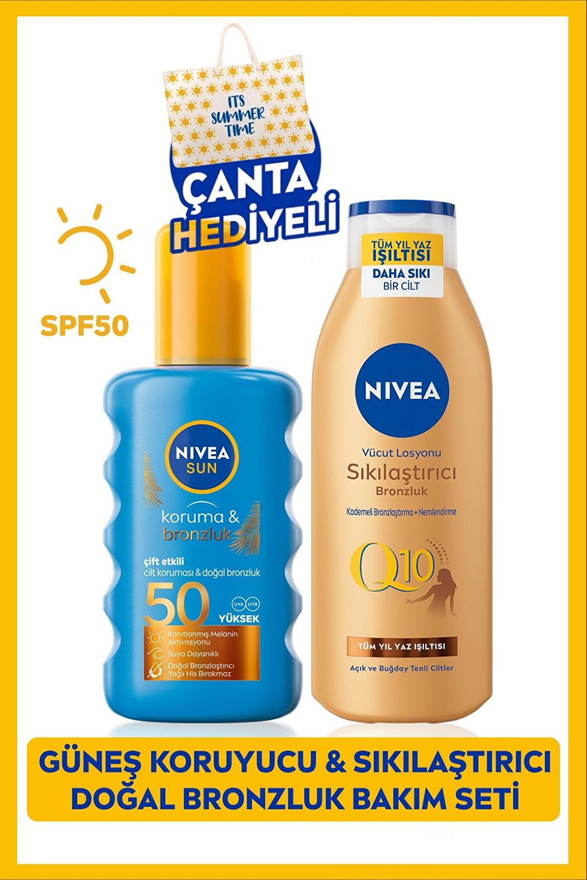 Nivea Sun Koruma Bronzluk Güneş Spreyi 200ml Ve Q10 Sıkılaştırıcı Bronzlaştırıcı Losyon 200ml,çanta Hediye