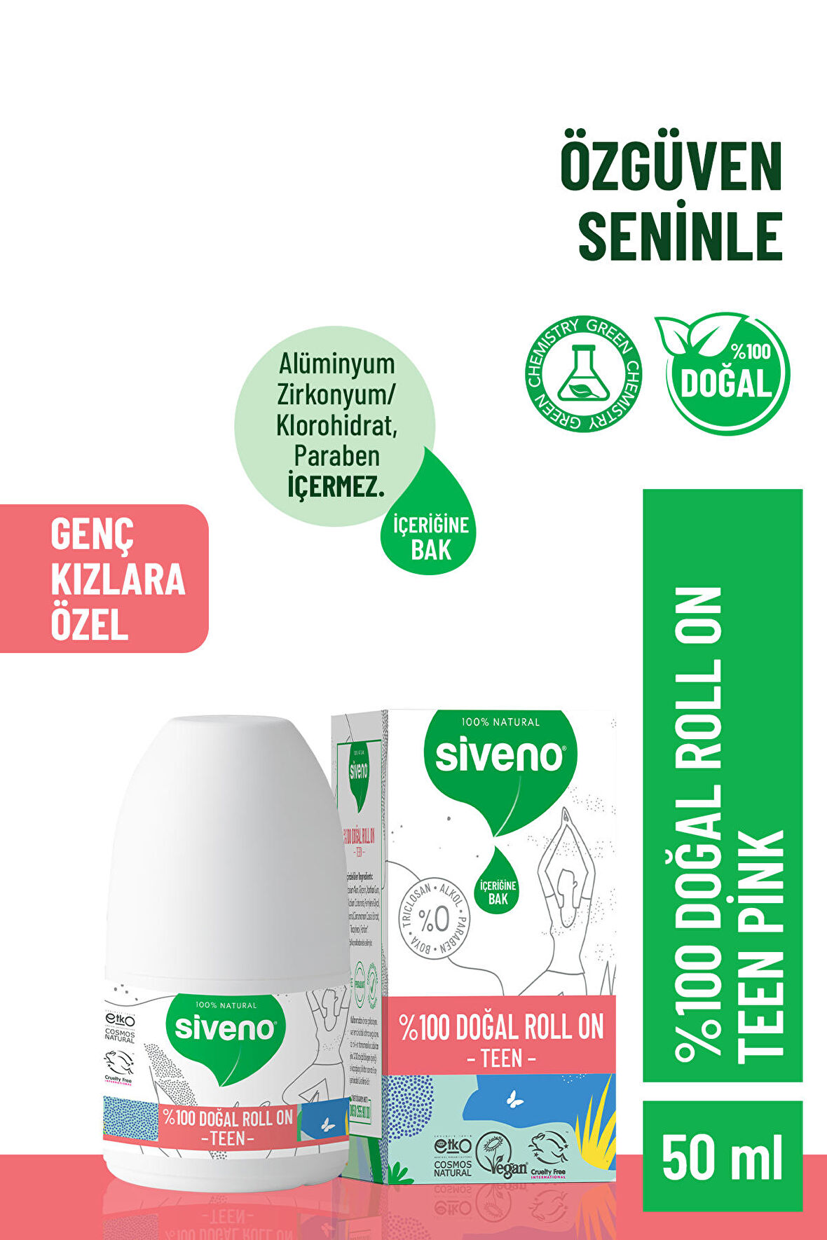 Siveno %100 Doğal Roll-on Teen Girl Genç Kız Deodorant Ter Kokusu Önleyici Bitkisel Lekesiz Vegan 50 ml