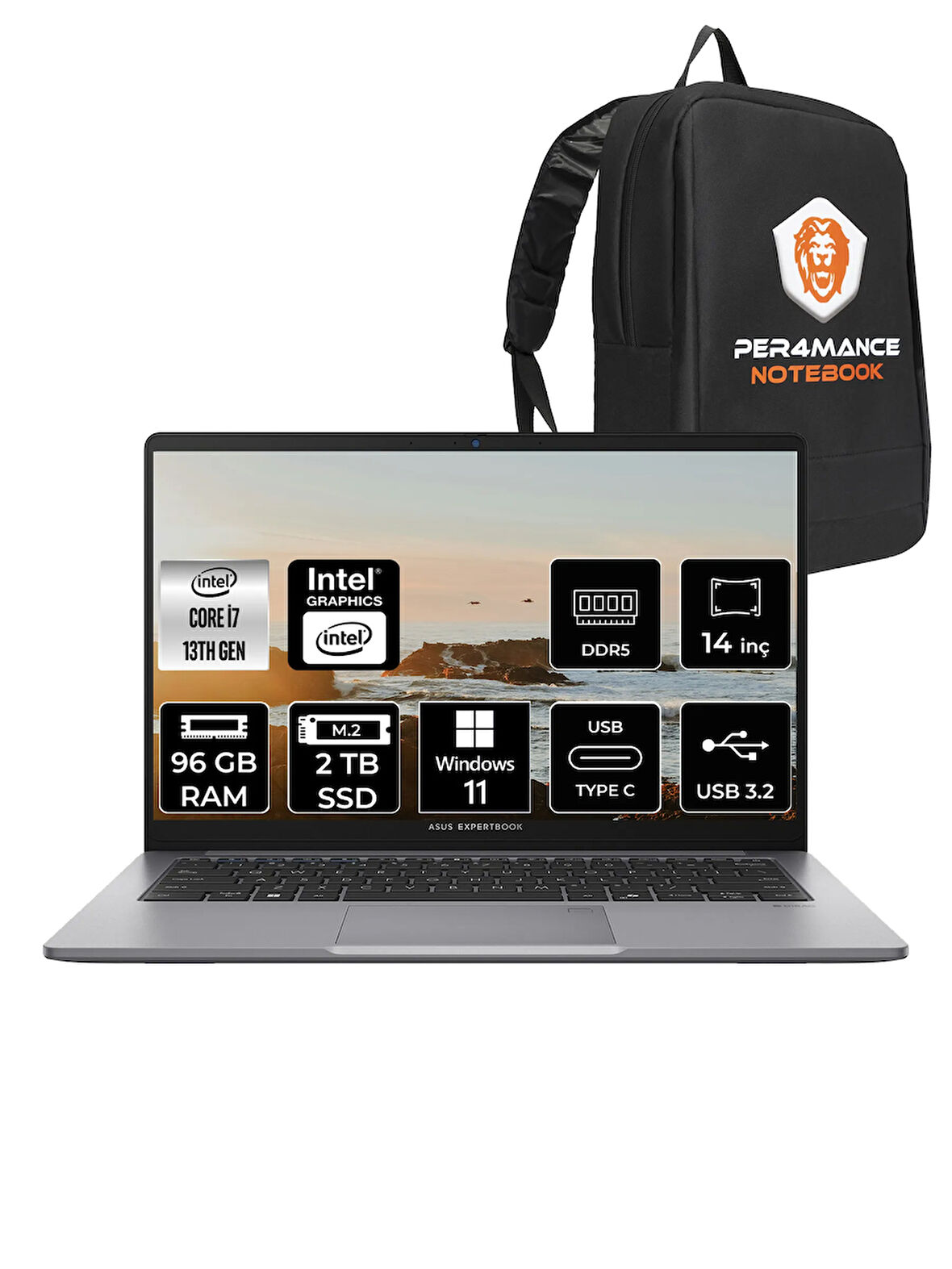 Asus ExpertBook P1 Intel Core i7 13620H 96GB 2TB SSD 14" FHD W11H Taşınabilir Bilgisayar & PER4 Çanta