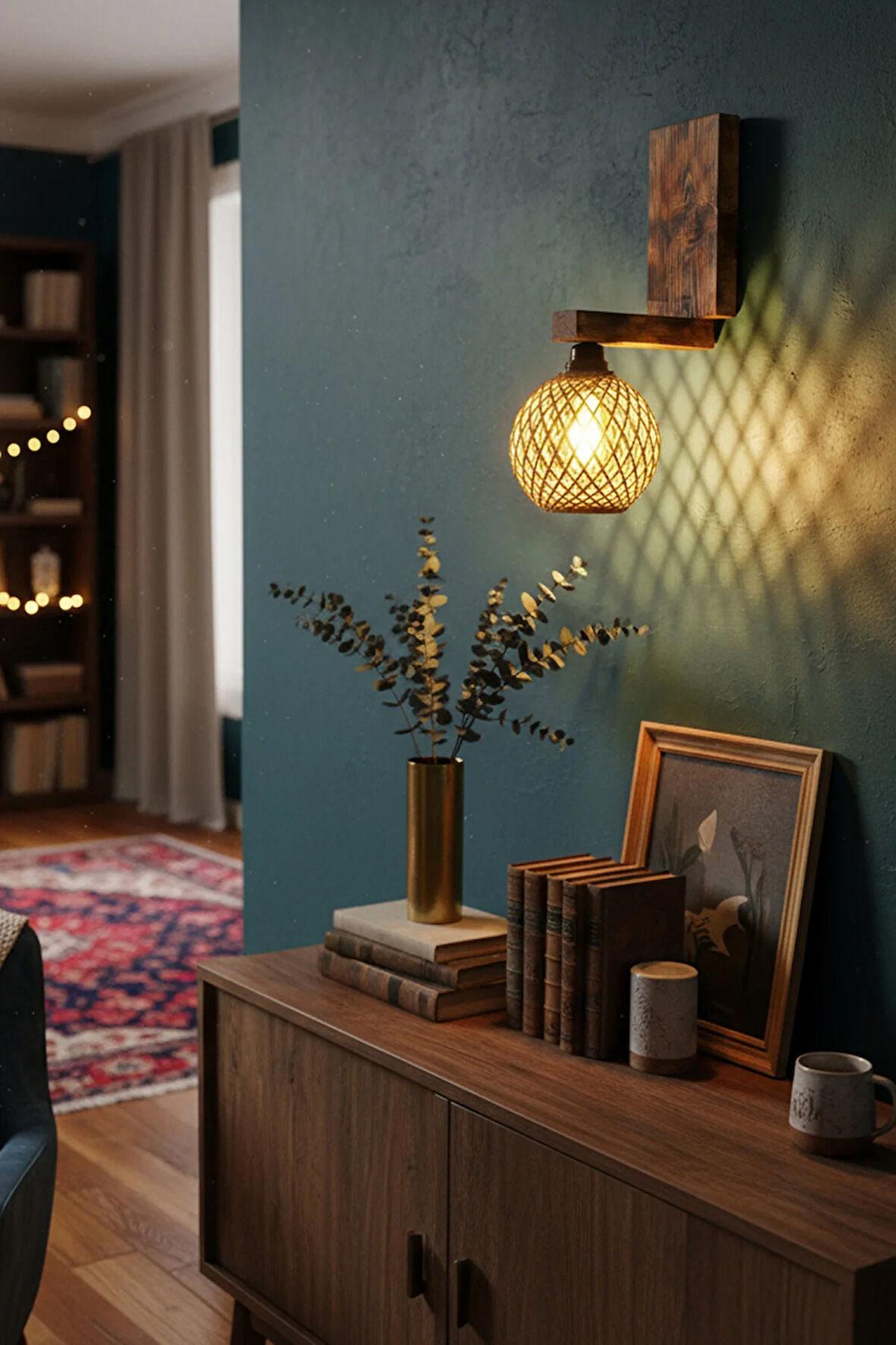 Rustik Ahşap Aplik Jüt İp Başlıklı Duvar Lambası Bohem Salon Yatak Odası Dekoratif Aydınlatma