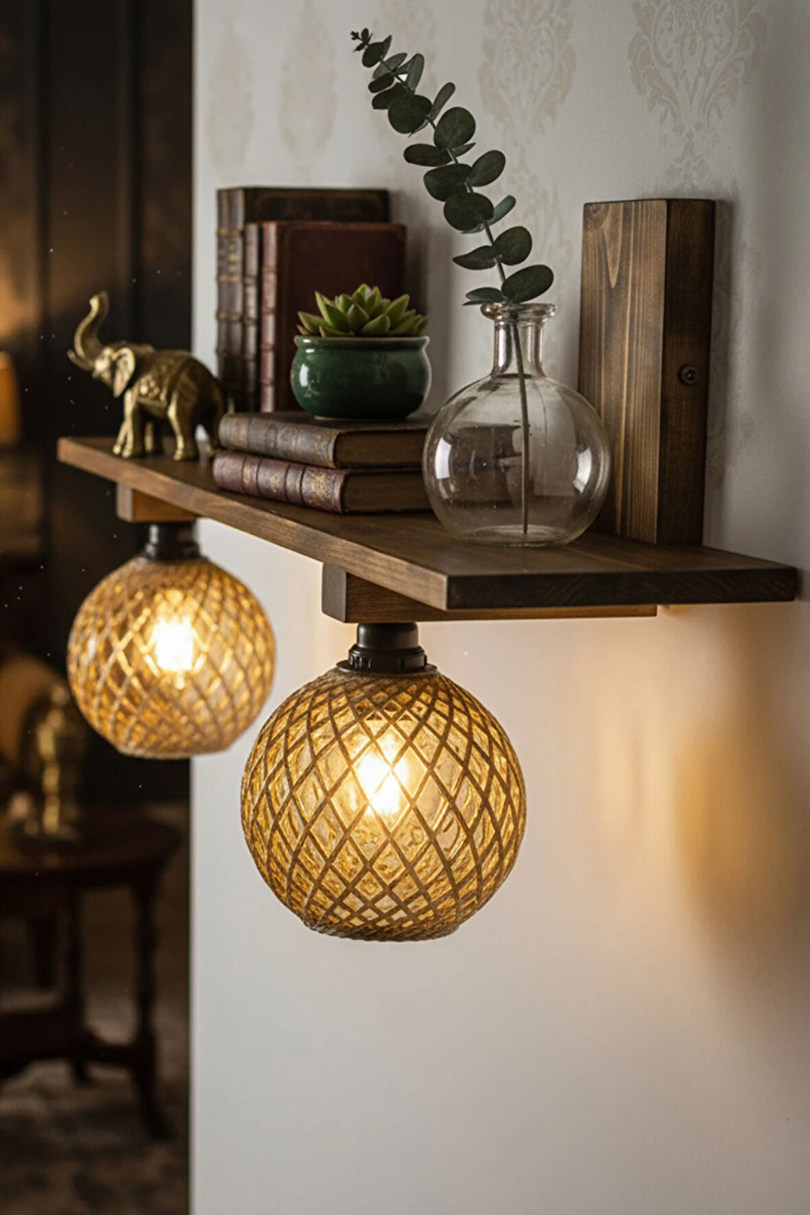 2'li Raflı Ahşap Aplik Jüt İp Başucu Lambası Kitaplık Duvar Rafı Rustik Salon Dekorasyon