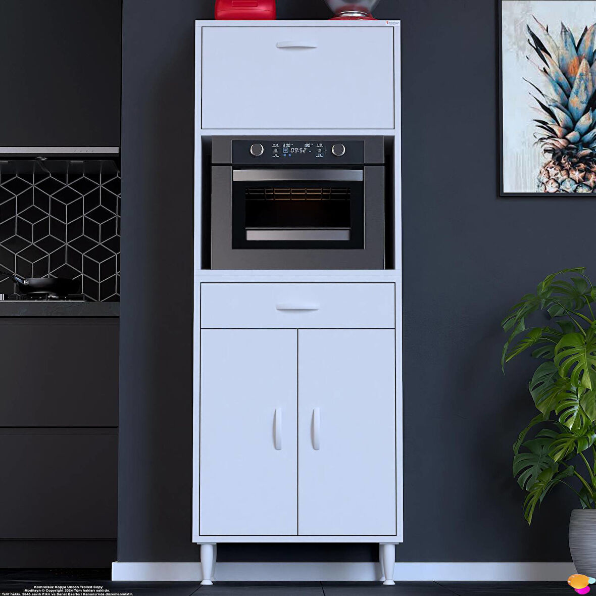 Modilayn VİO Fırın Dolabı (65x163,4x32,5 cm) Çekmeceli Kapaklı Mini/Midi Mikrodalga Mutfak Dolabı