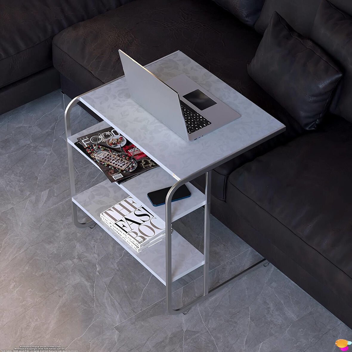 Modilayn C Yan Sehpa Geniş Boy Tekerlekli Çalışma, Atıştırmalık, Yemek, Laptop Sehpası Çiçekli Beyaz