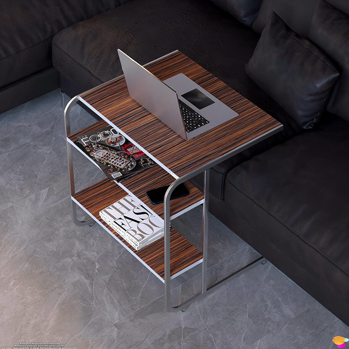 Modilayn C Yan Sehpa Geniş Boy Tekerlekli Çalışma, Atıştırmalık, Yemek, Laptop Sehpası Abanoz