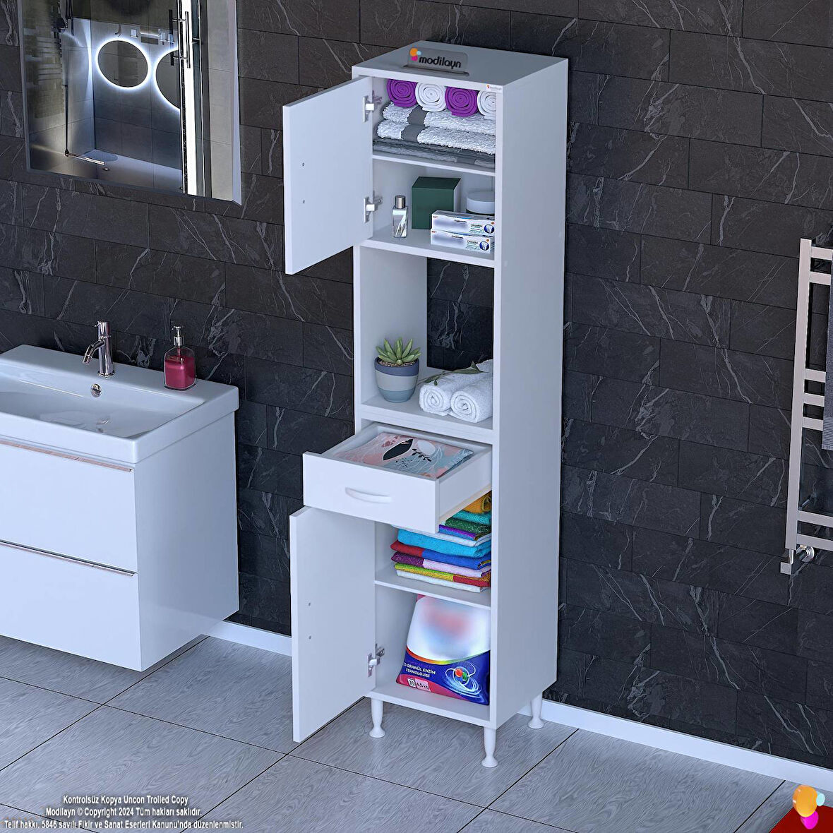 Modilayn ARDA Banyo Dolabı 50x173x32,5cm 1 çekmece 2 kapak ve 5 raflı İhtiyaca uygun kolay kurulum