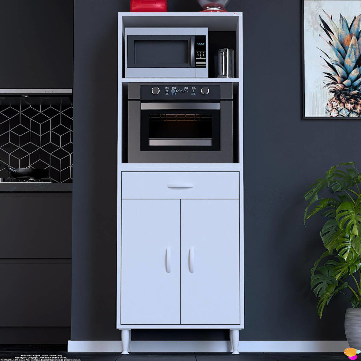 Modilayn VİO Fırın Dolabı (60x163,4x32.5 cm) Çekmeceli Kapaklı Mini/Midi Mikrodalga Mutfak Dolabı