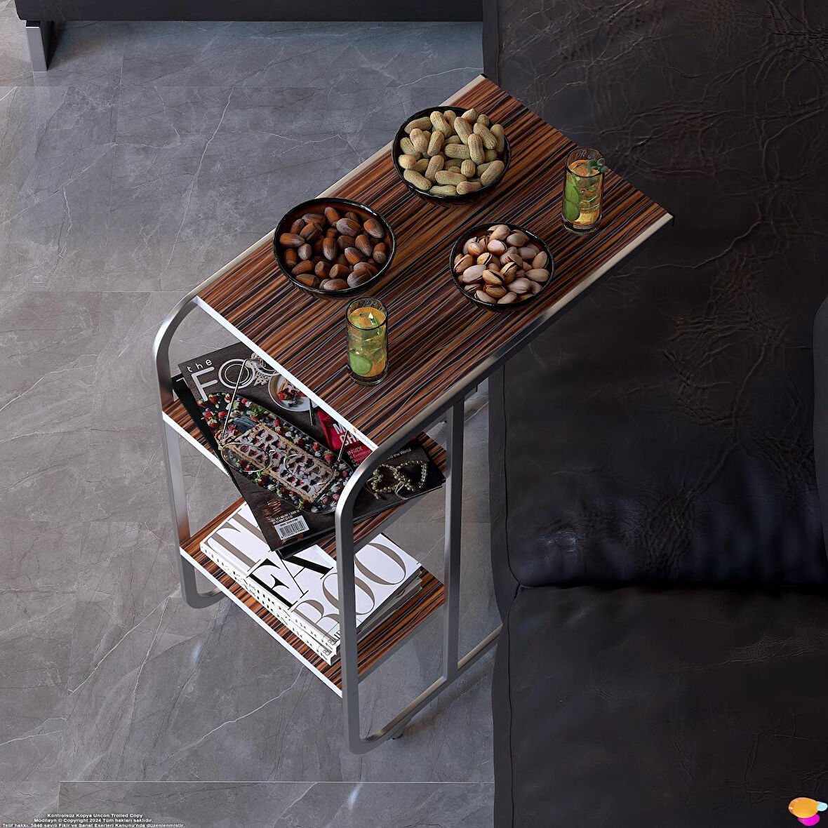 Modilayn C Yan Sehpa Dar Boy Tekerlekli Çalışma, Atıştırmalık, Yemek, Laptop Sehpası Abanoz