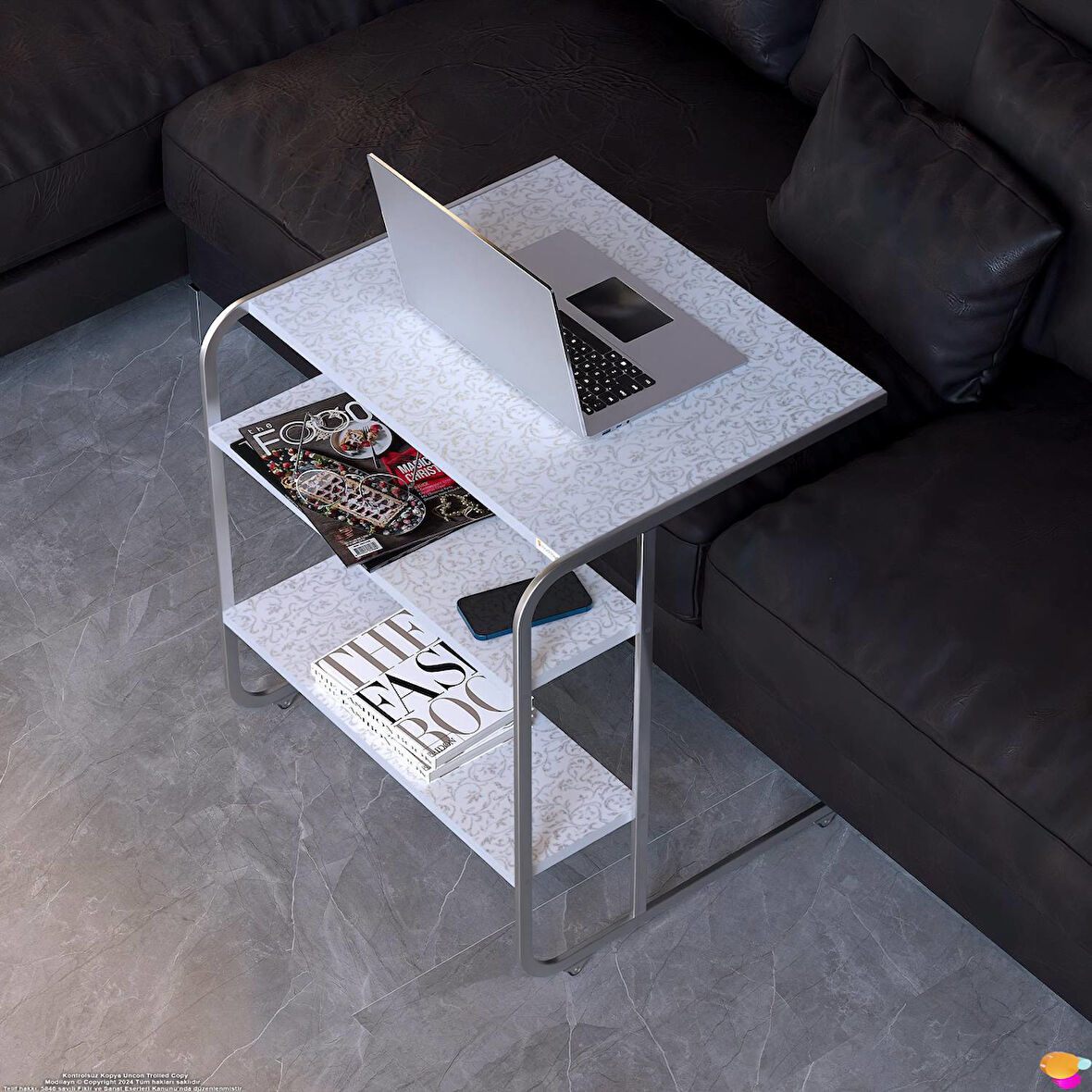 Modilayn C Yan Sehpa Geniş Boy Tekerlekli Çalışma, Atıştırmalık, Yemek, Laptop Sehpası Beyaz Desenli