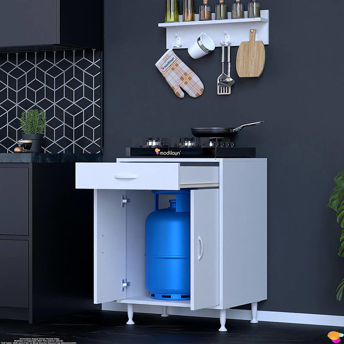 Modilayn QPLAS (M) Set Ocak Altı Dolap 60x88x48 cm. Çekmeceli, kapaklı, raflı ve baharat raflı.