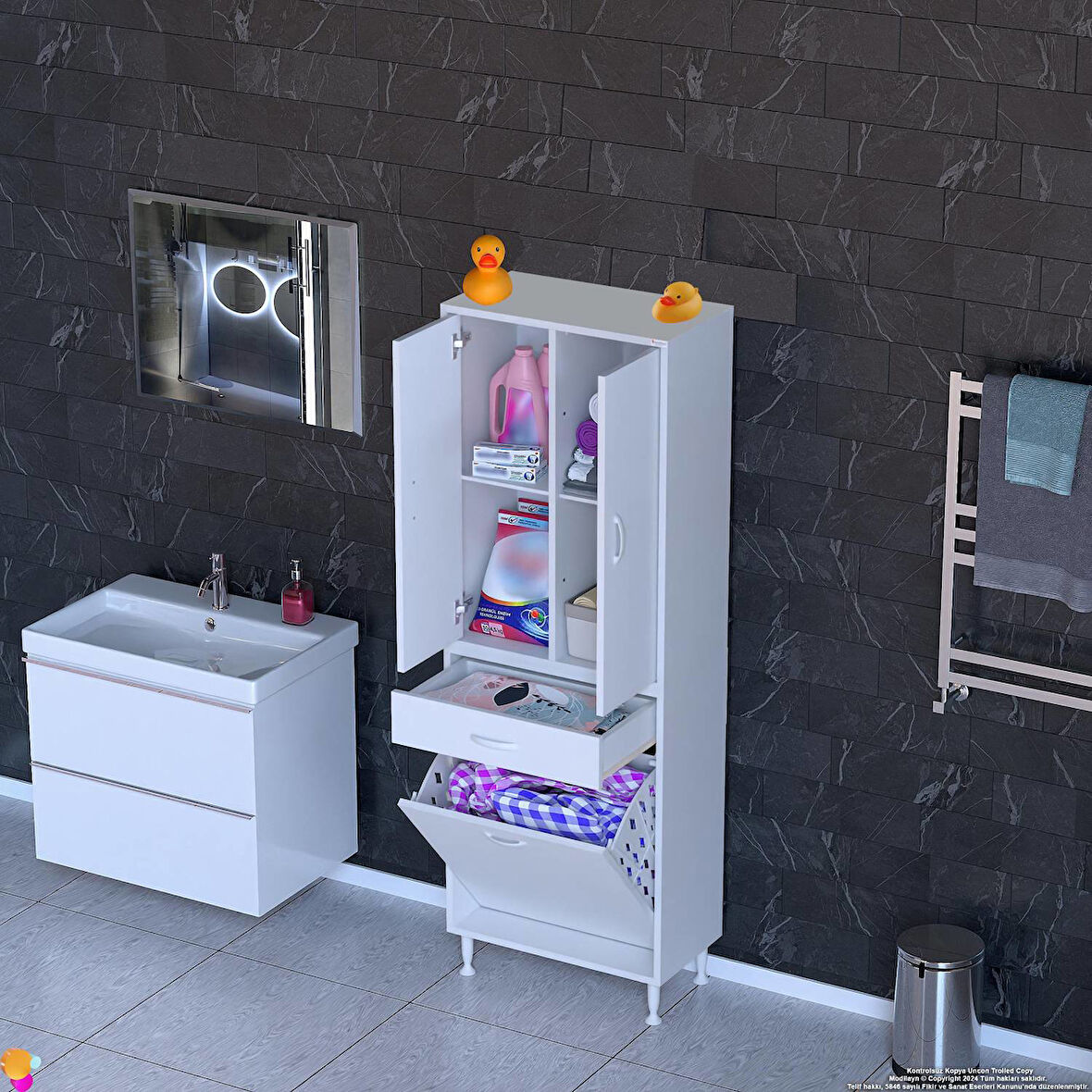 Modilayn YENİ AFRA 65x173x32,5cm 1 Çekmece, 1 Göz Sepet, 2 Kapak, 4 Raf Dar Alan Banyo Dolabı