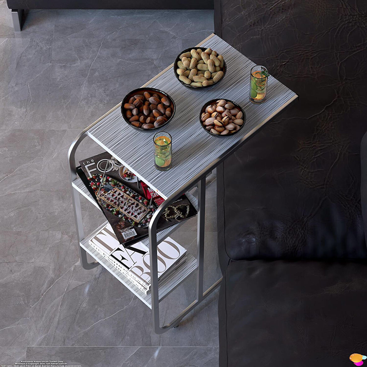 Modilayn C Yan Sehpa Dar Boy Tekerlekli Çalışma, Atıştırmalık, Yemek, Laptop Sehpası Beyaz Çizgili