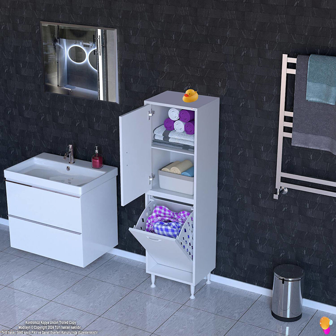 Modilayn İLKİM 45 x 138 x 32,5 cm' lik Kapak İçi Çift Raflı, Tek Göz Akıllı Çamaşır Sepetli Dolap