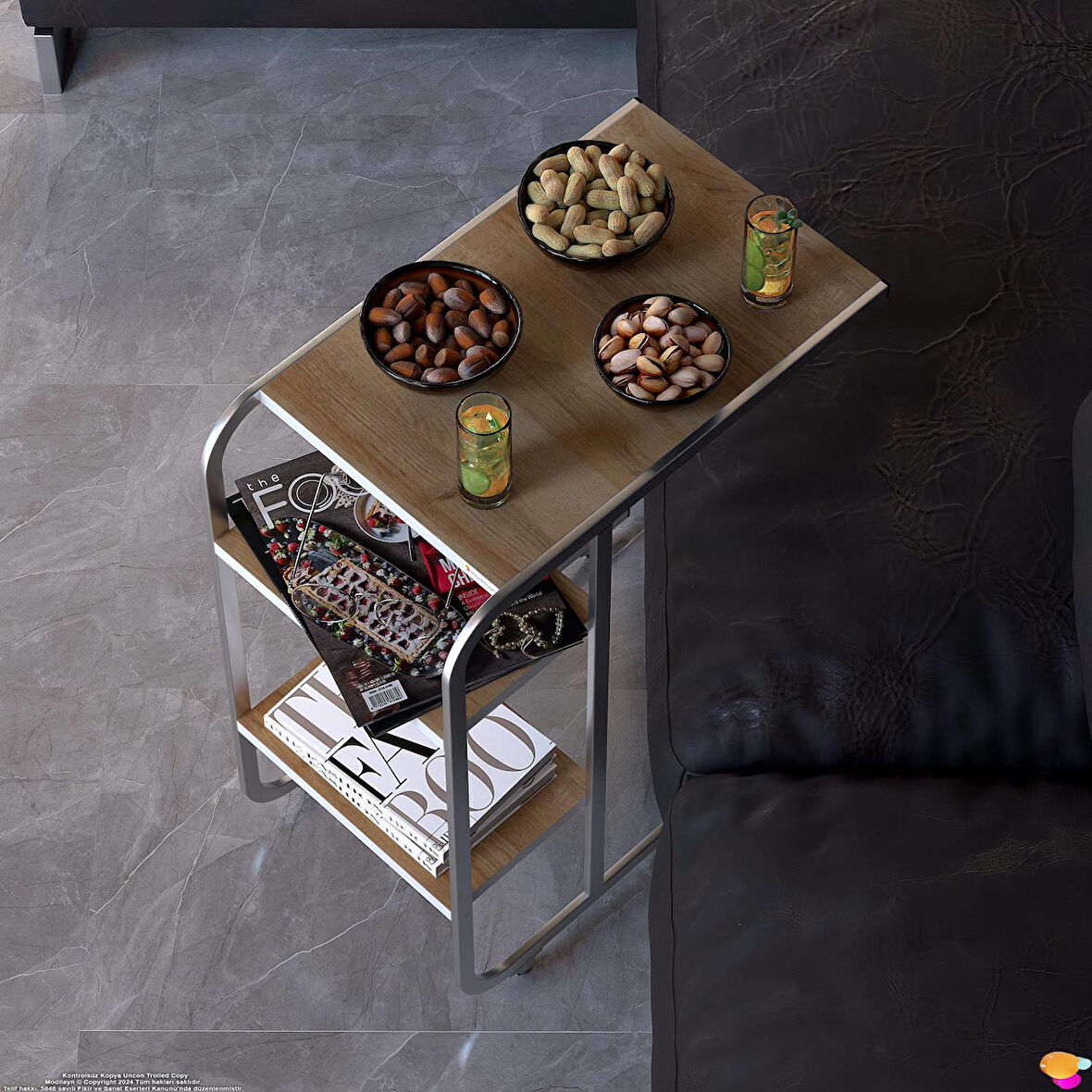 Modilayn C Yan Sehpa Dar Boy Tekerlekli Çalışma, Atıştırmalık, Yemek, Laptop Sehpası Meşe