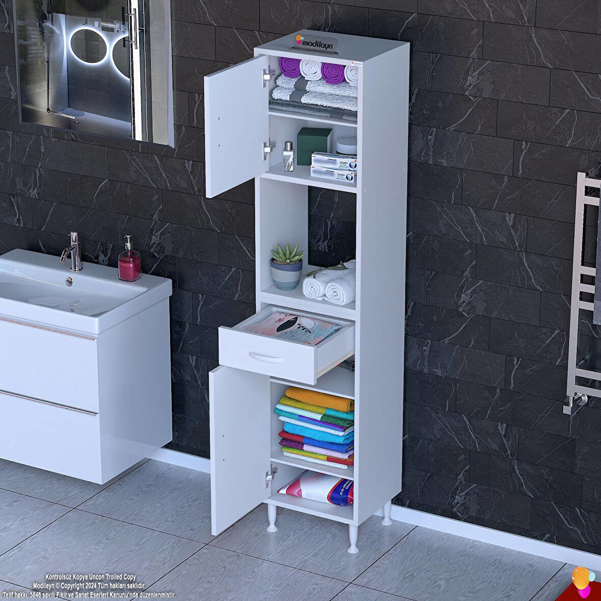 Modilayn ARDA Banyo Dolabı 40x173x32,5cm 1 çekmece 2 kapak ve 6 raflı İhtiyaca uygun kolay kurulum