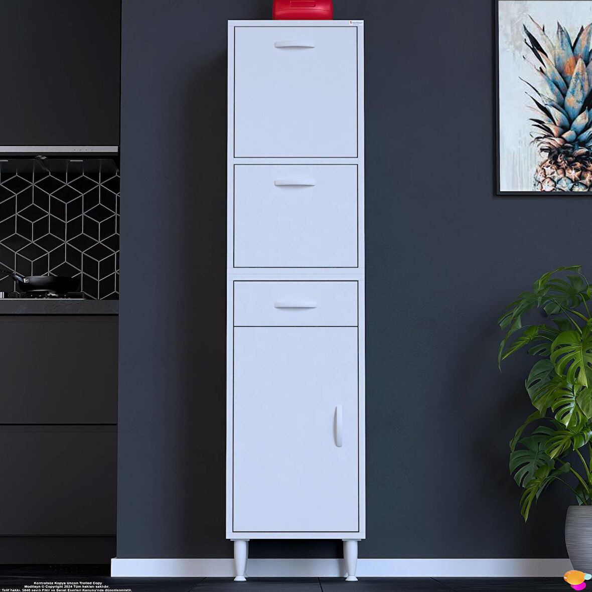 Modilayn VİO Çok Amaçlı Dolap: (40x163.4x32,5 cm) ölçülerinde, çekmeceli ve kapaklı mutfak dolabı.