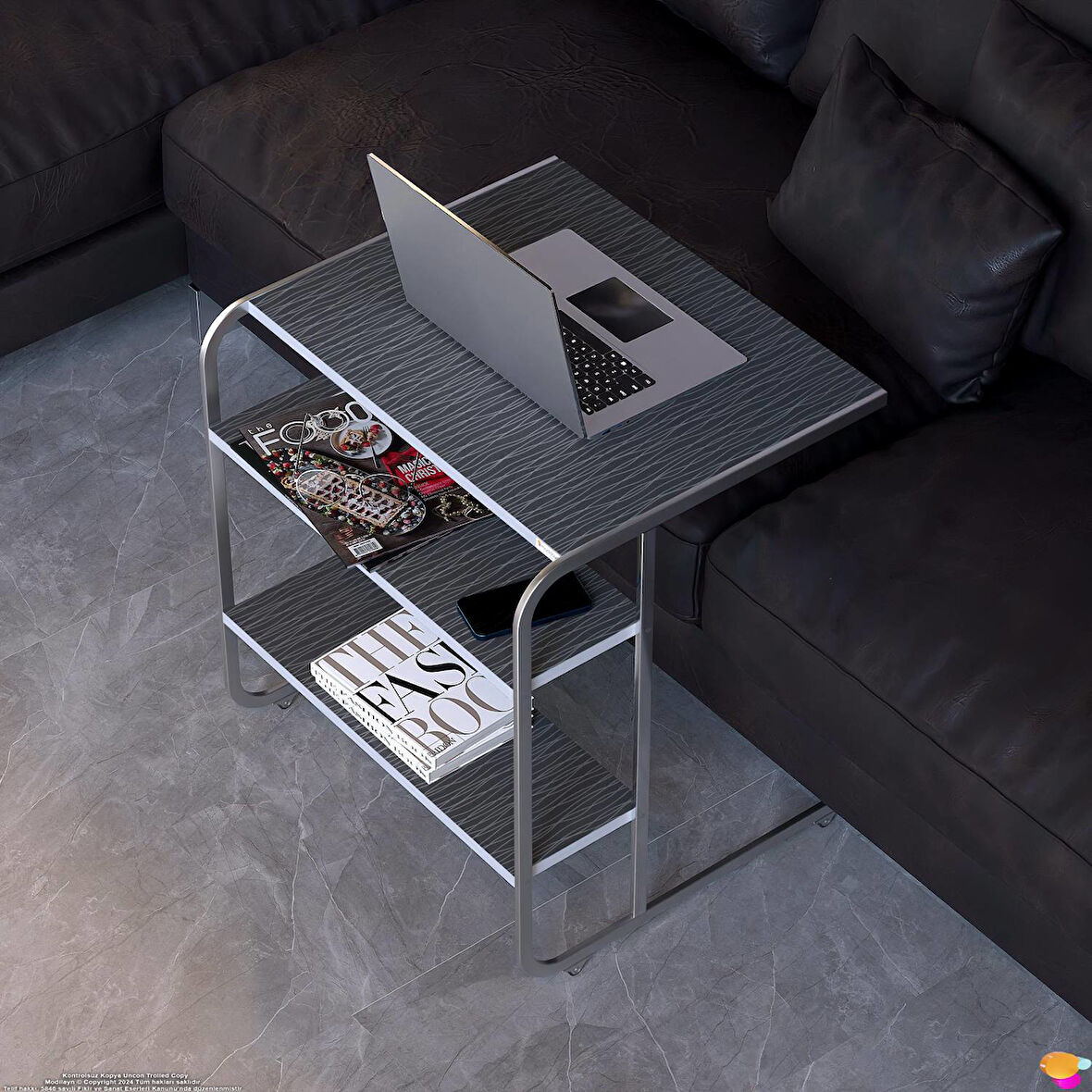 Modilayn C Yan Sehpa Geniş Boy Tekerlekli Çalışma, Atıştırmalık, Yemek, Laptop Sehpası Siyah Çizgili