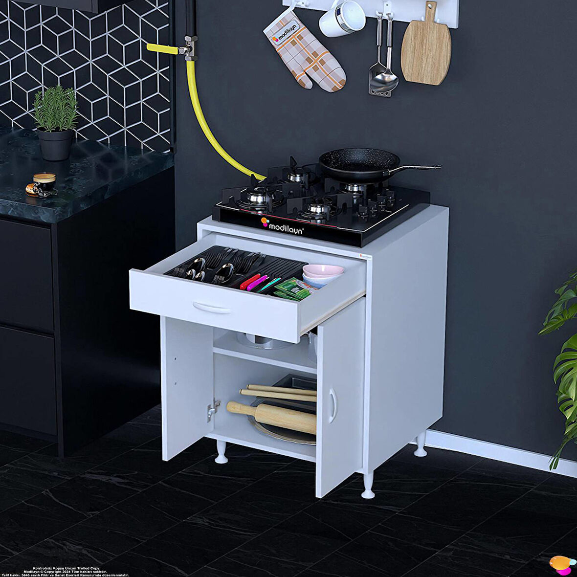 Modilayn QPLAS (M) Set Ocak Altı Dolap 65x88x48 cm Çekmeceli, Kapaklı 2 Göz Raf Bölmeli