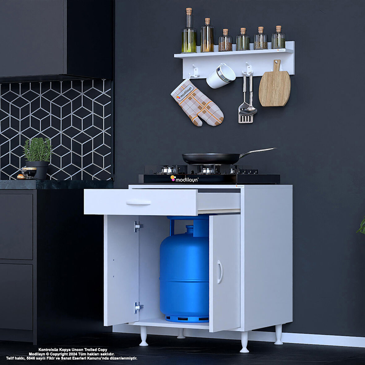 Modilayn Birce L Set Ocak Altı Dolabı 65x88x56 cm Tüp Bölmeli ve Üst Baharat Raflı
