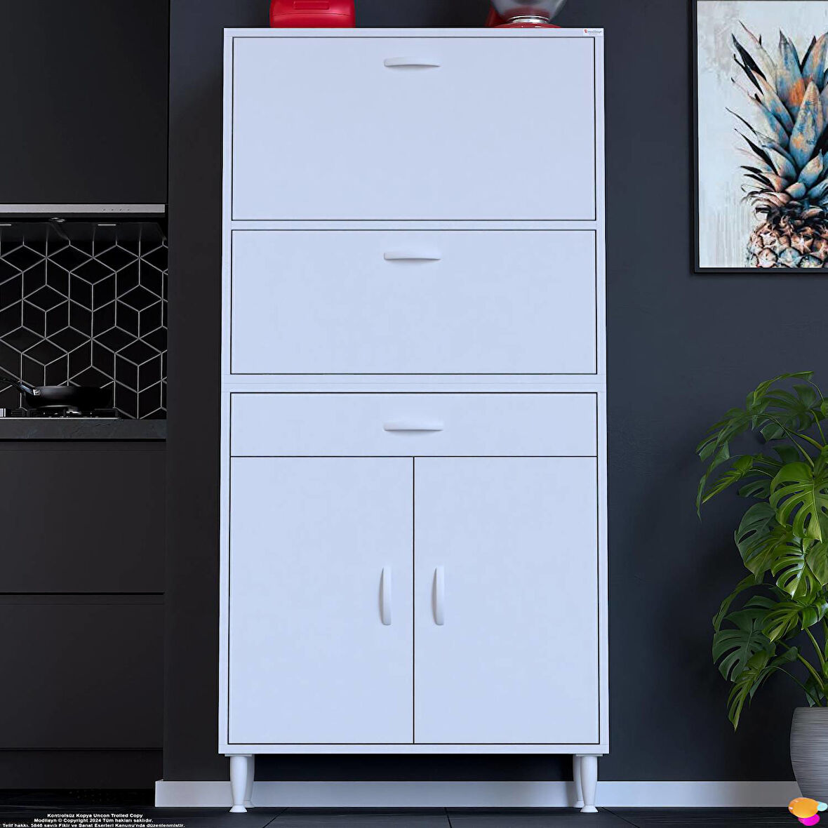 Modilayn VİO (85x163,4x32,5 cm) Yeni çekmeceli, kapaklı, ekmeklikli, çok amaçlı mutfak dolabı.