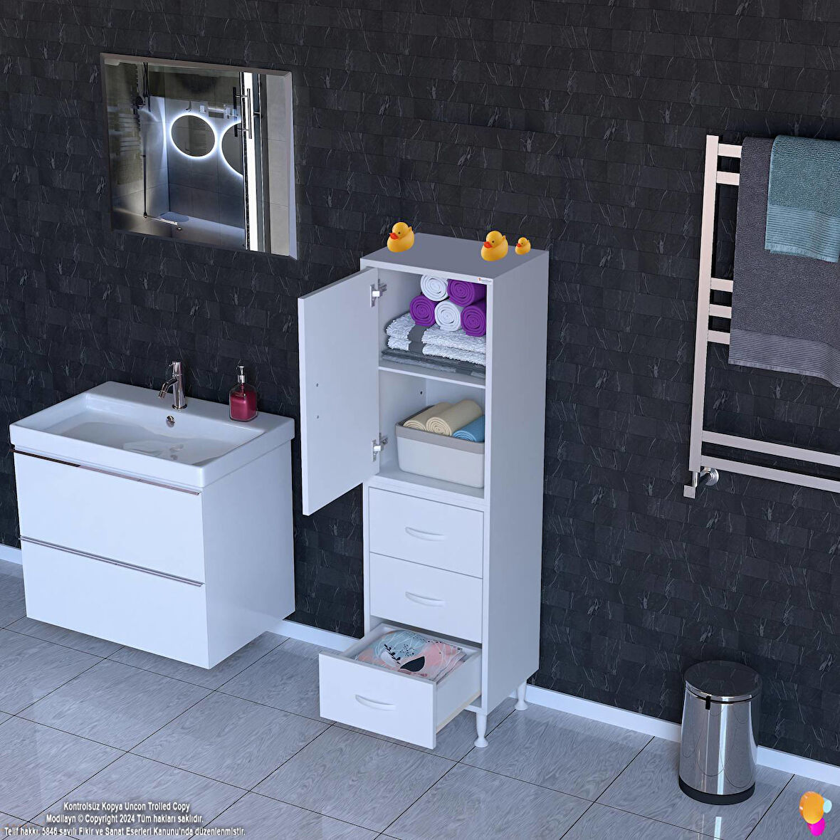 Modilayn İLKİM 35 x 138 x 32,5 cm' lik Kapak İçi Çift Raflı ve 3 Çekmeceli Düzen Harikası Dolap