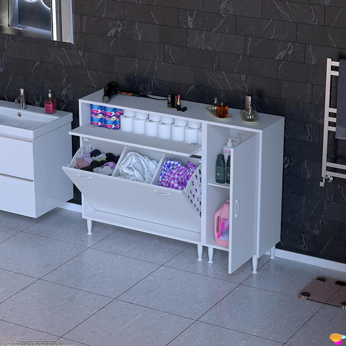 Modilayn YENİCE 145x97x32,5 cm 3 raflı ve 3 sepetli dolap ile çamaşırlarınız artık daha düzenli.