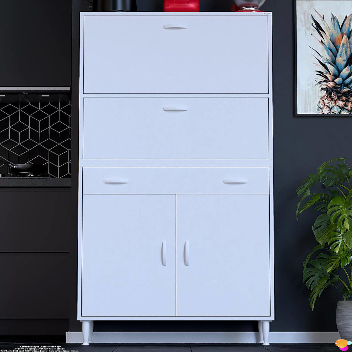 Modilayn VİO (90x163,4x32,5 cm) Yeni çekmeceli, kapaklı, ekmeklikli, çok amaçlı mutfak dolabı.