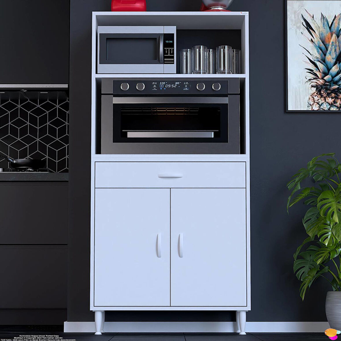 Modilayn VİO Fırın Dolabı (85x163,4x32.5 cm) Çekmeceli Kapaklı Mini/Midi Mikrodalga Mutfak Dolabı