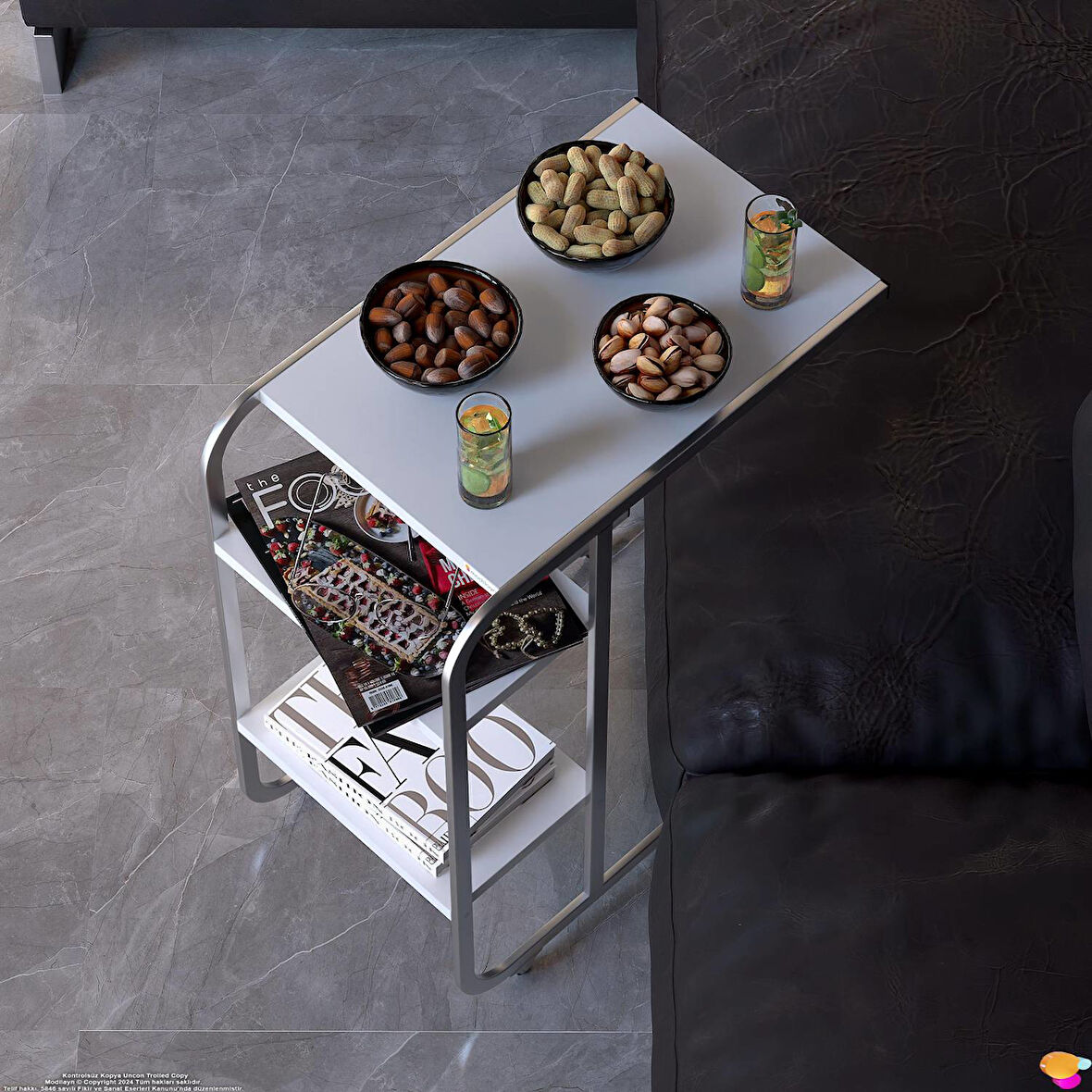 Modilayn C Yan Sehpa Dar Boy Tekerlekli Çalışma, Atıştırmalık, Yemek, Laptop Sehpası Beyaz