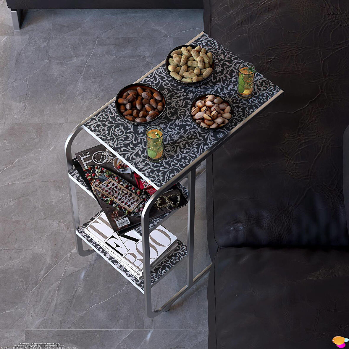 Modilayn C Yan Sehpa Dar Boy Tekerlekli Çalışma, Atıştırmalık, Yemek, Laptop Sehpası Siyah Desenli