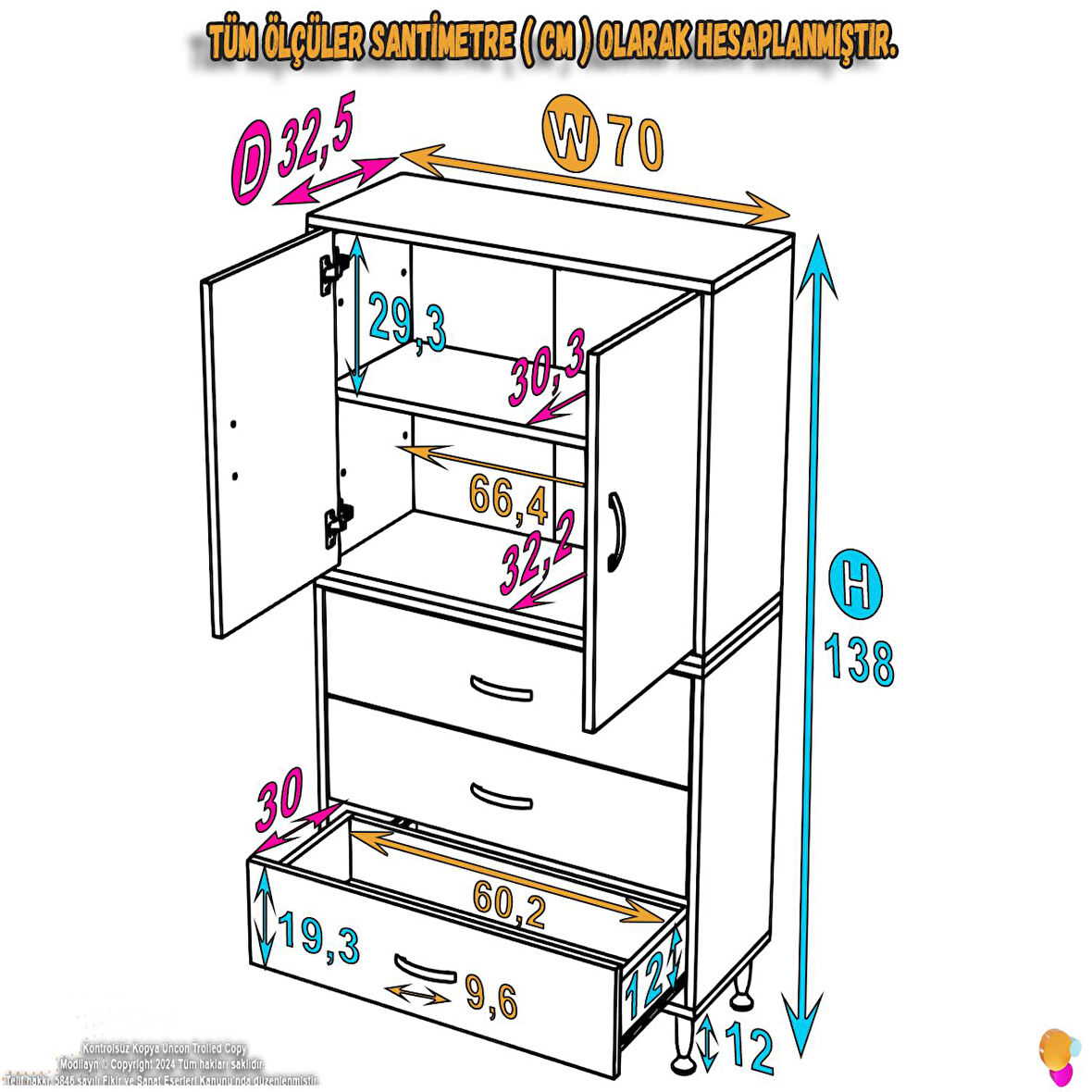 Modilayn İLKİM 70 x 138 x 32,5 cm' lik Kapak İçi Çift Raflı ve 3 Çekmeceli Düzen Harikası Dolap
