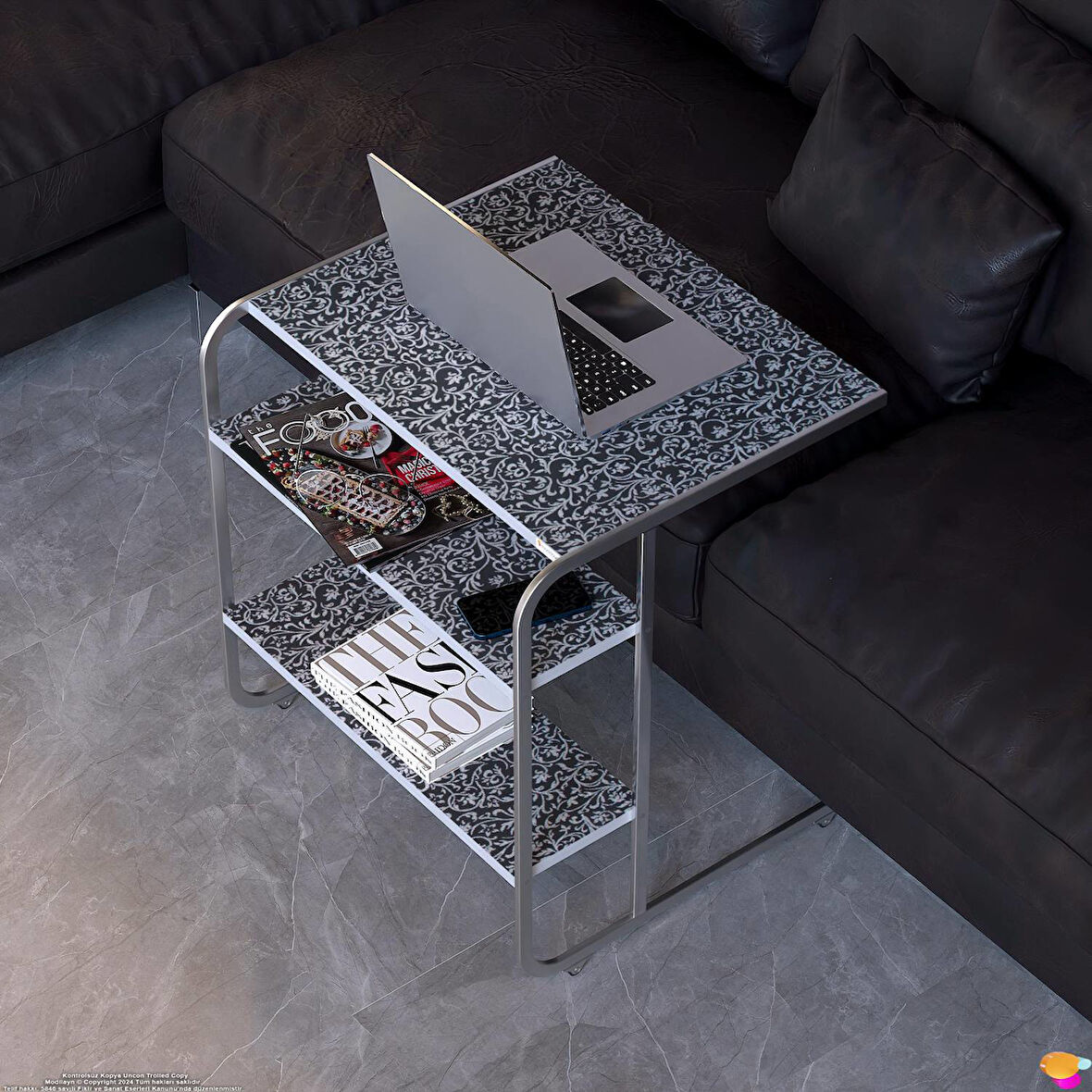 Modilayn C Yan Sehpa Geniş Boy Tekerlekli Çalışma, Atıştırmalık, Yemek, Laptop Sehpası Siyah Desenli