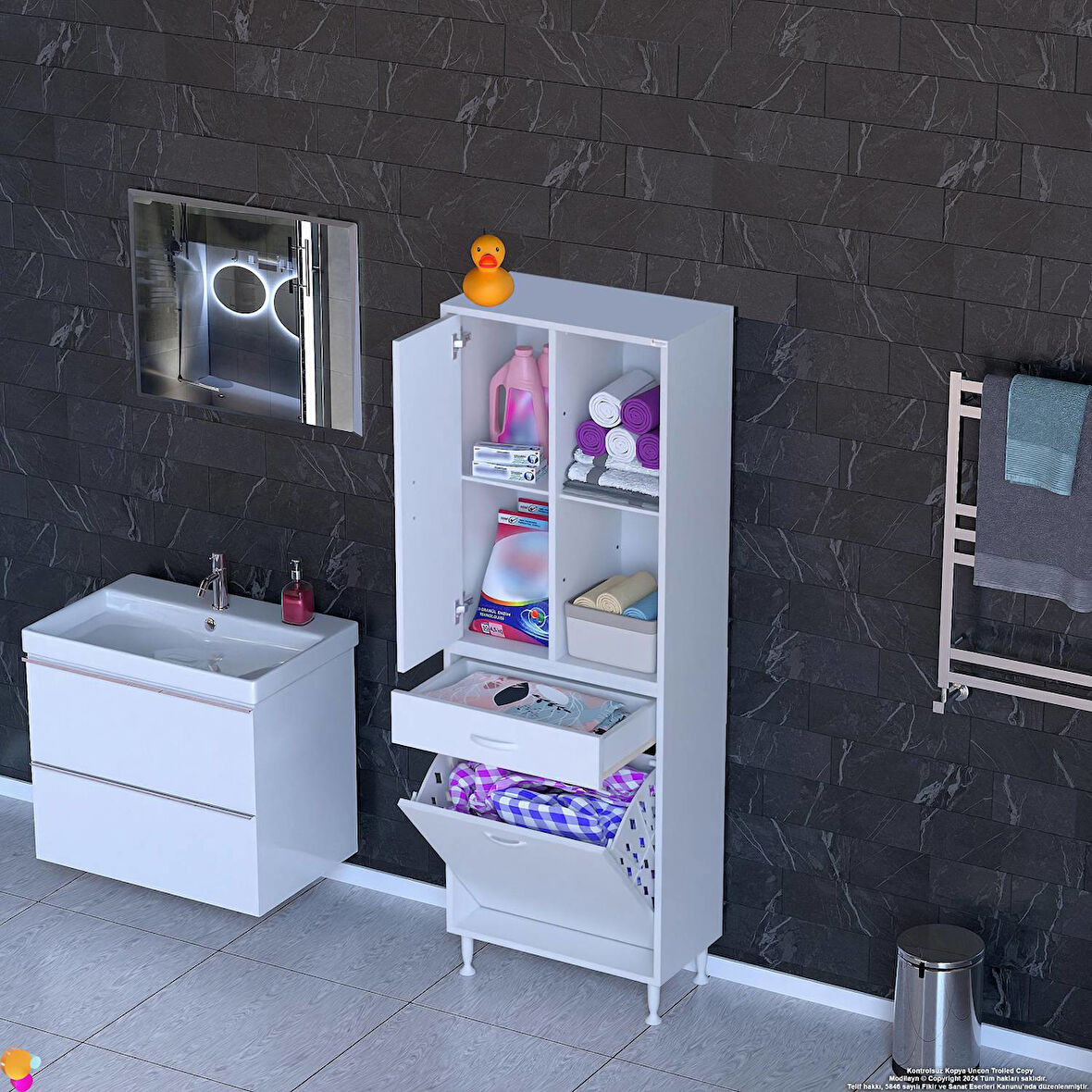 Modilayn AFRA 55x173x32,5cm 1 Çekmece, 1 Göz Sepet, 1 Kapak, 4 Raf Dar Alan Banyo Dolabı