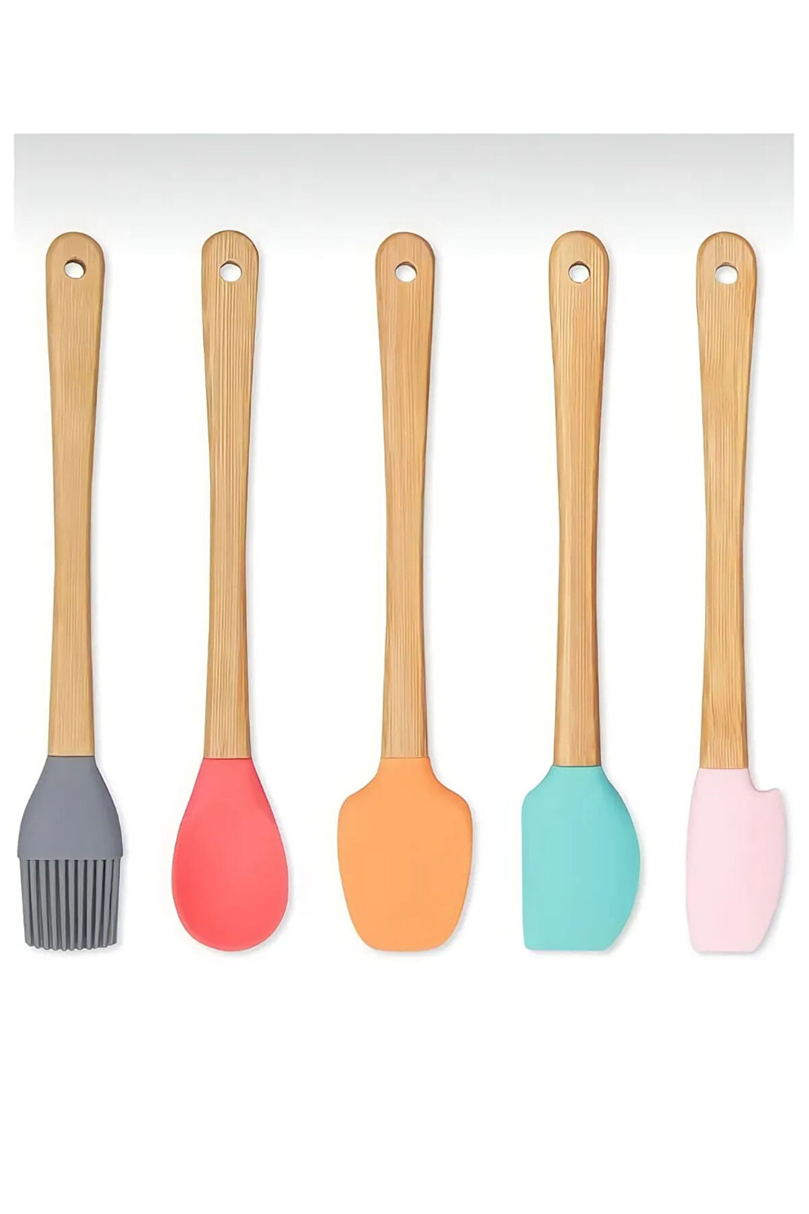 Periboia 5&amp;#39;li Renkli Ahşap Saplı Silikon Uçlu Spatula Fırçalı Kaşık Seti -Yemek Hazırlık Seti 21 Cm