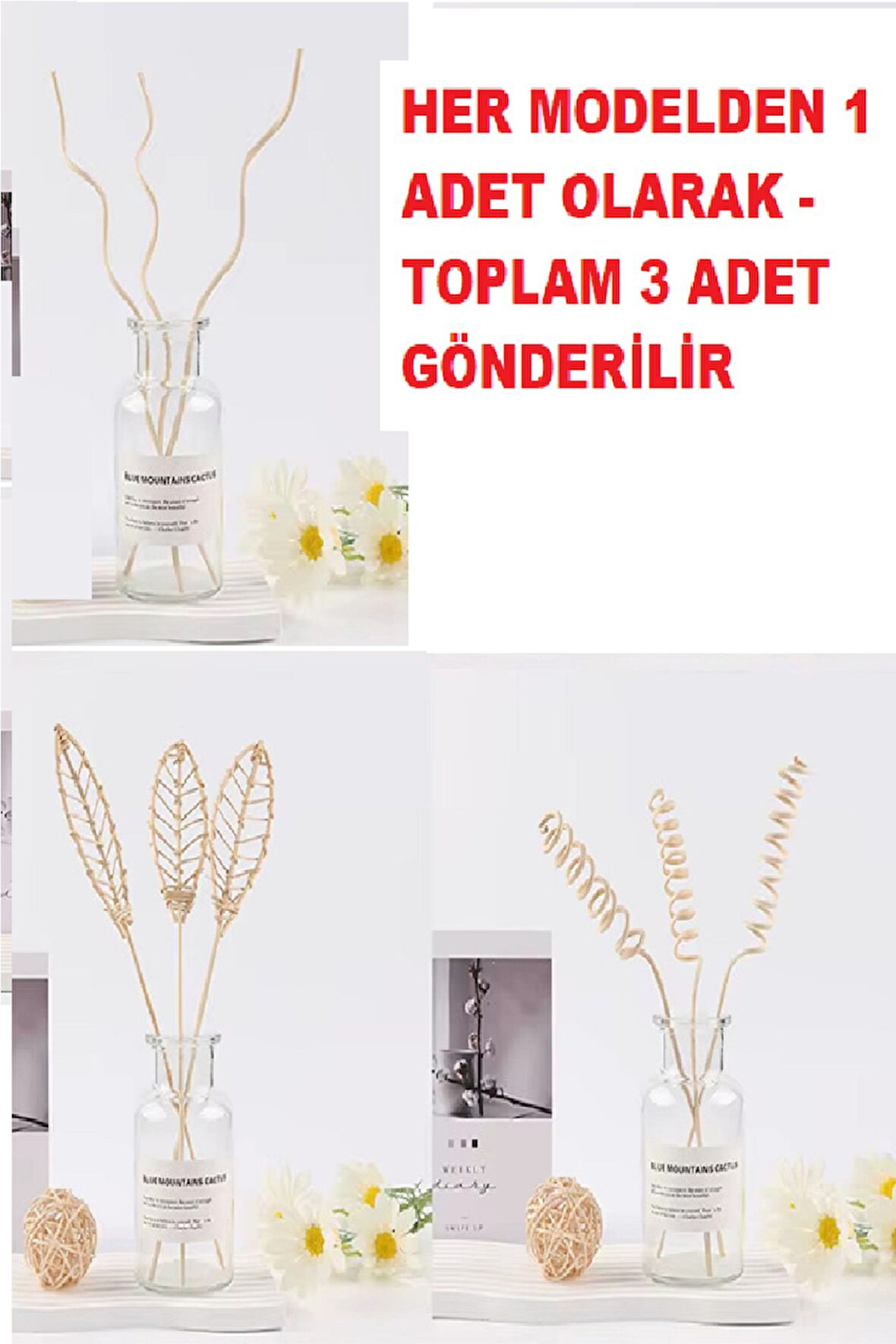 Periboia 3 Tek Adet 3 Model Aromaterapi Koku Dağıtıcı Rattan Şişe Ahşap Difüzör Çubuk (Spiral-Yaprak-Dalgalı)