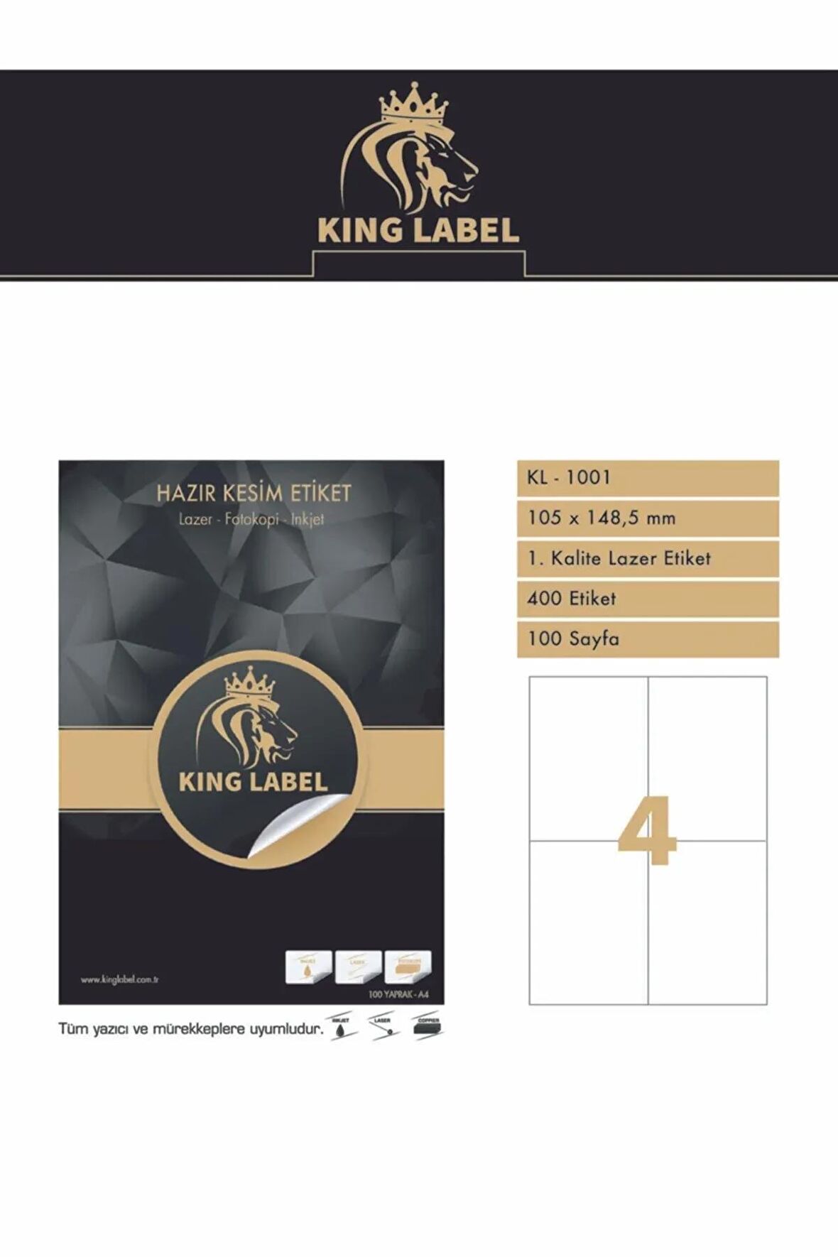 KİNG LABEL Kl - 1001 105x148,5 Mm Lazer Etiket 100 Sayfa