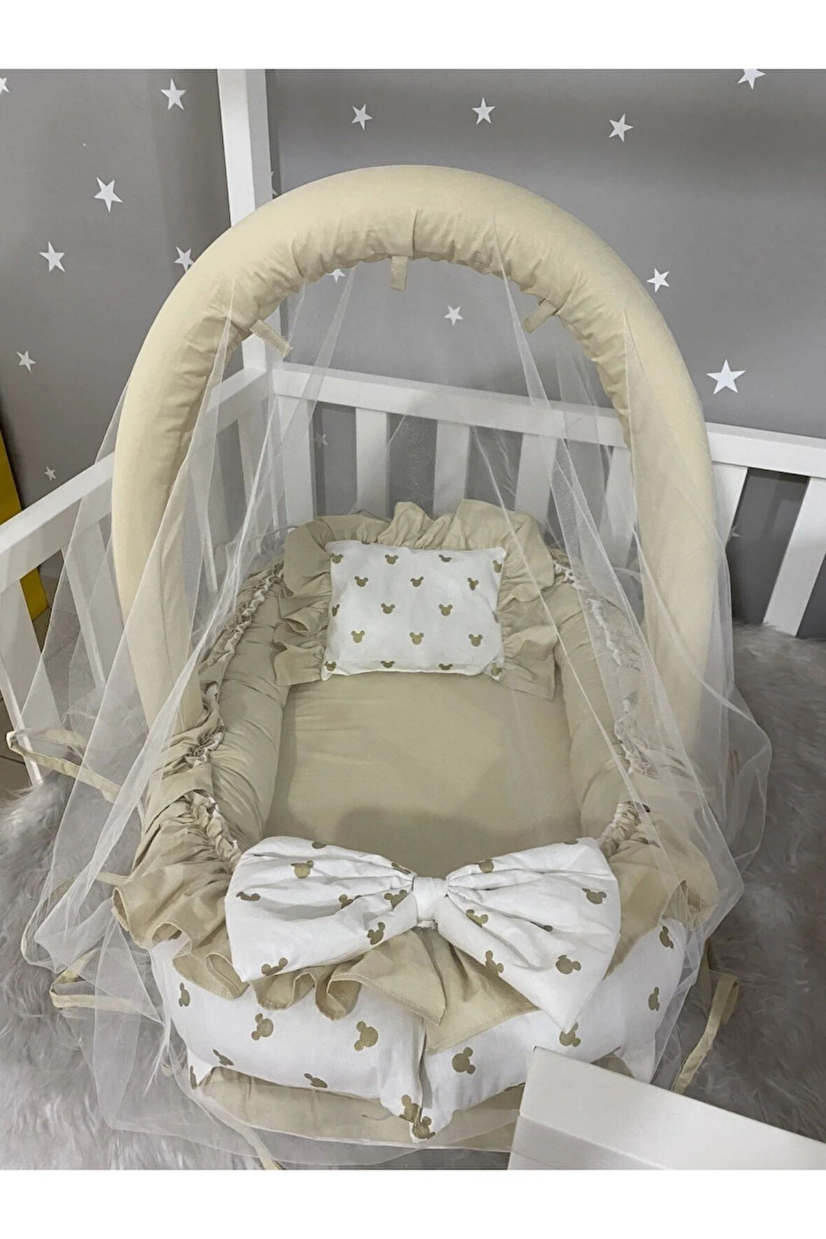 Gold Mickey Kombineli Cibinlik Ve Oyuncak Askılı Lüx Tasarım Fırfırlı Babynest
