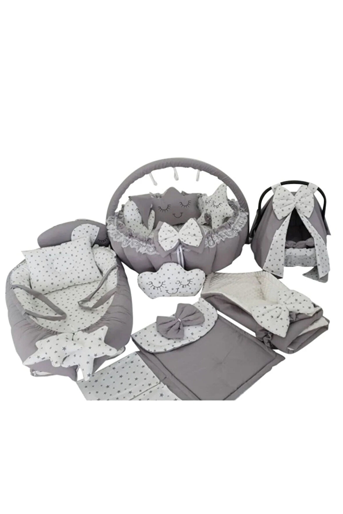 Babynest Gri Yıldız Tasarım Lüx Oyun Minderi Jaju-babynest 14 Parça Set