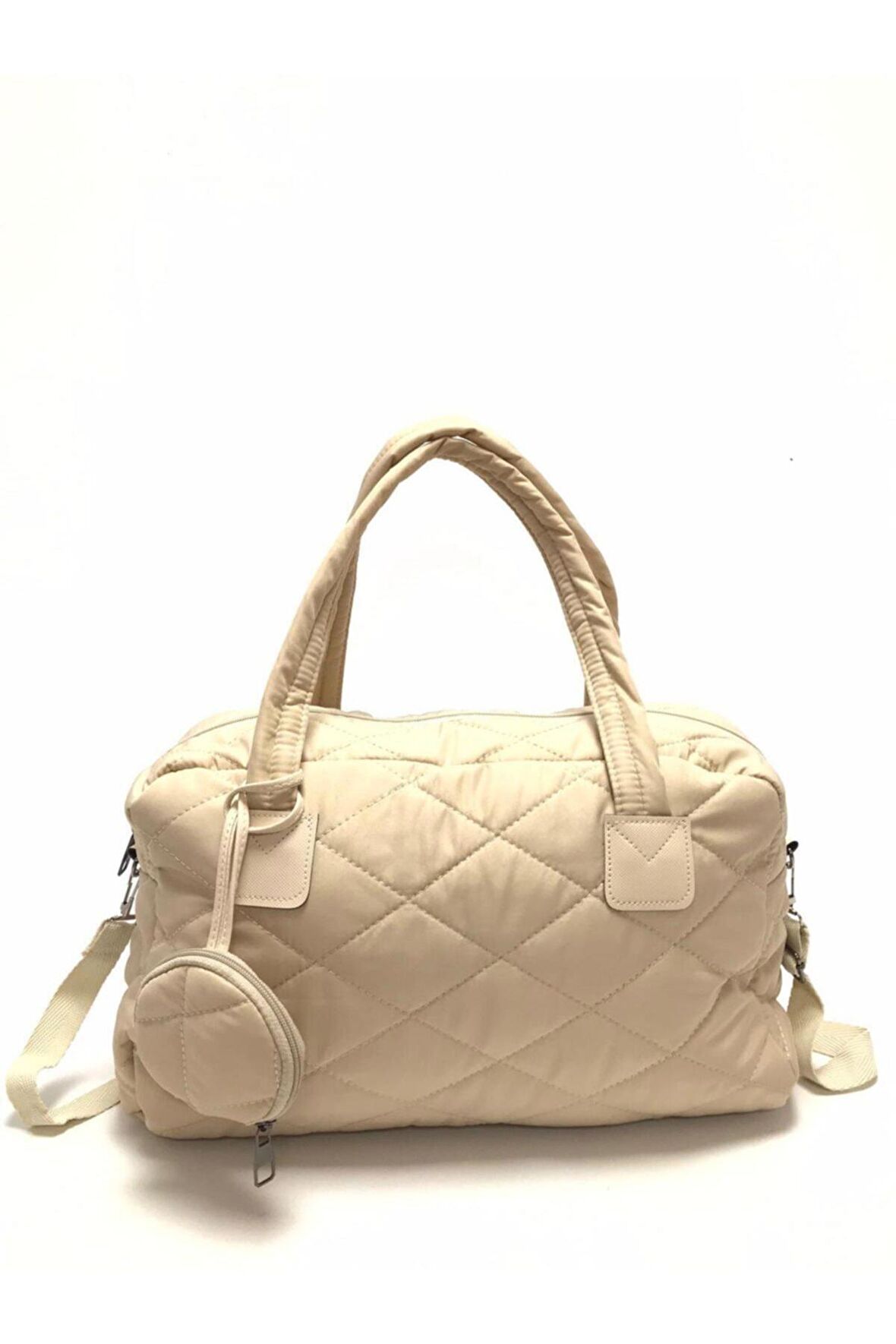 Kadın Bej Shelbey Kapitone Cüzdan Detaylı Büyük Puf Omuz Çantası El Ve Çapraz Çanta