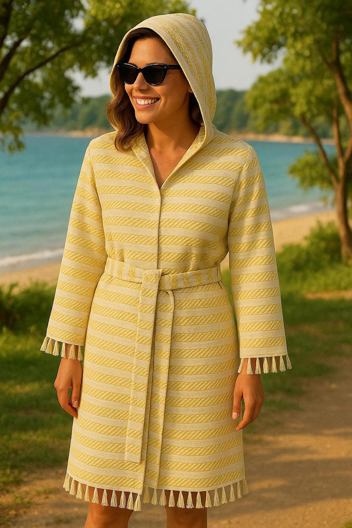 Özel Üretim Kapüşonlu Pamuk Dokuma Unisex Bornoz Peştemal