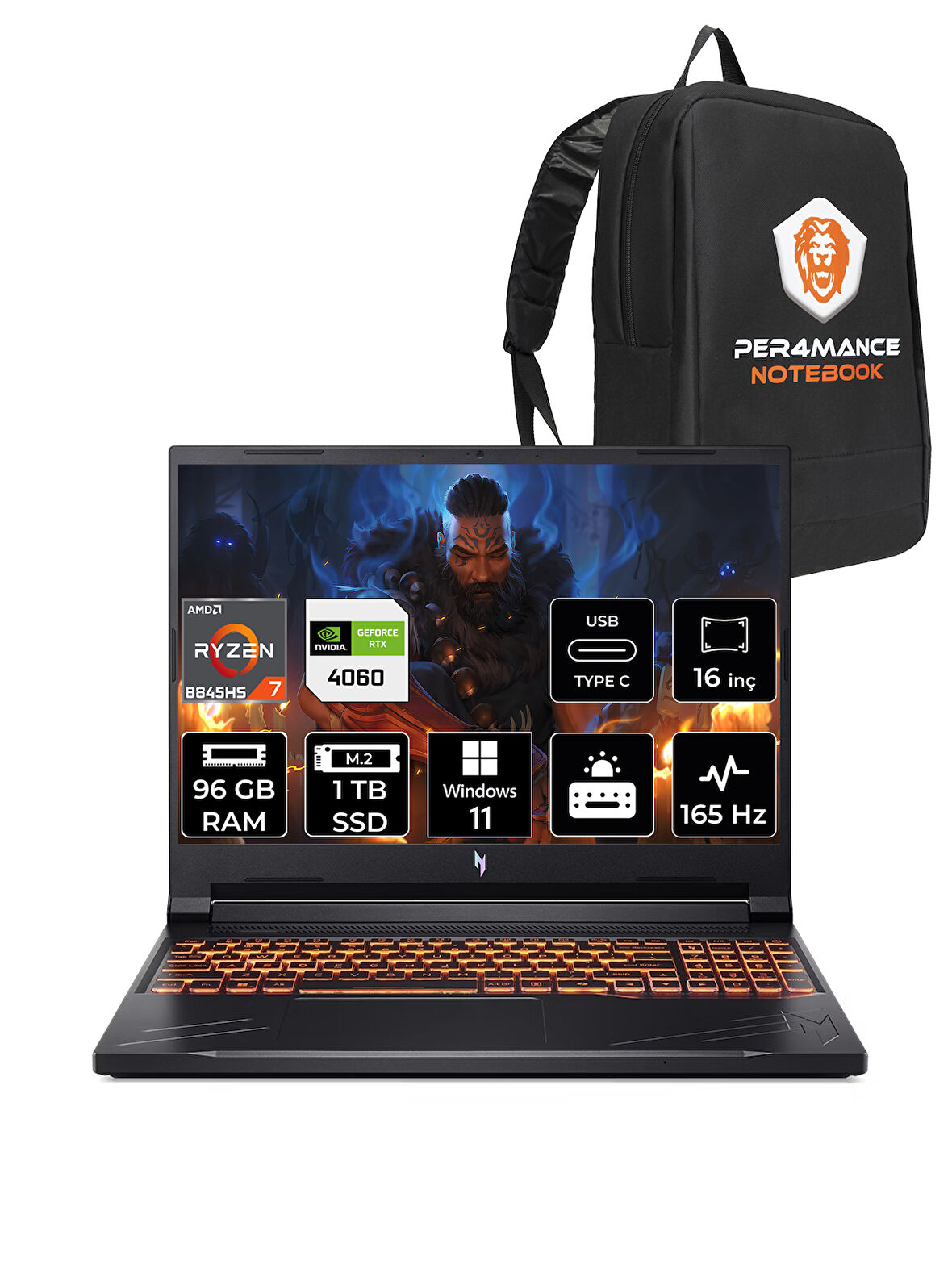 ACER Nitro V16 R7-8845HS 96GB 1TB SSD RTX4060/8GB 85W 16'' 165Hz WUXGA W11P & PER4 ÇANTA