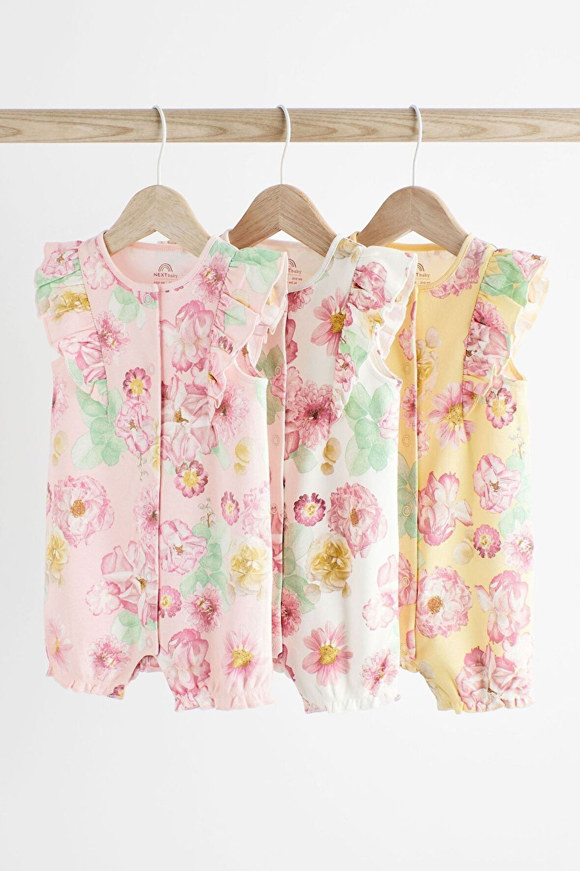 Next Baby % 100 Pamuklu Pembe Sarı Gül Desenli 3’lü Romper Set