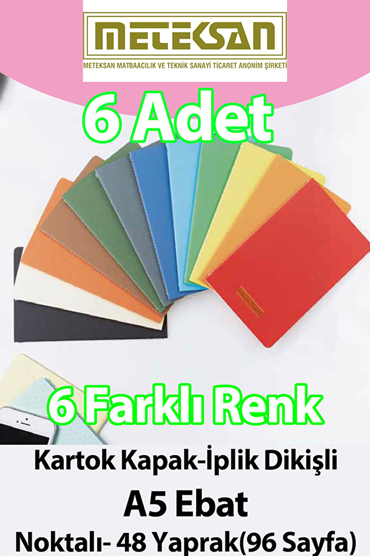 6' lı A5 Ebat (15x21cm) 6'lı Karışık Renkli 