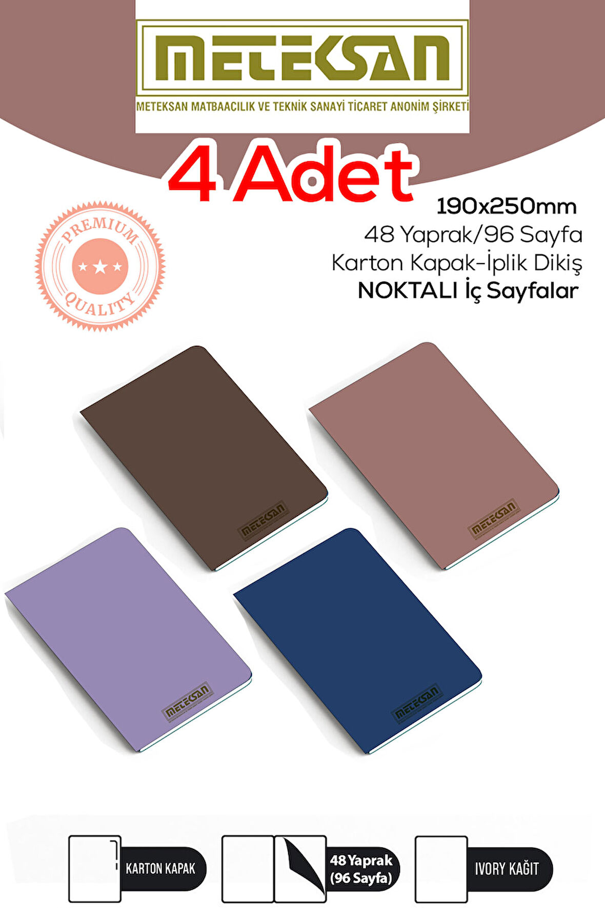 4'lü 19x25 Cm Ebat Not Defteri ivory Kağıt Dokulu Karton Kapak İplik Dikiş